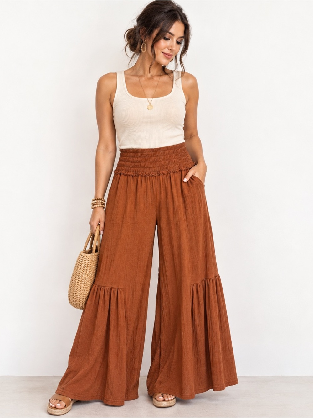 Easel Los Angeles Rust Wide Leg Tiered Boho Palazzo Pants M
